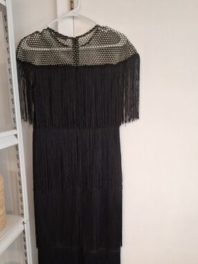 Black Fringe Maxi Dress with Metallic Yoke Size S/M